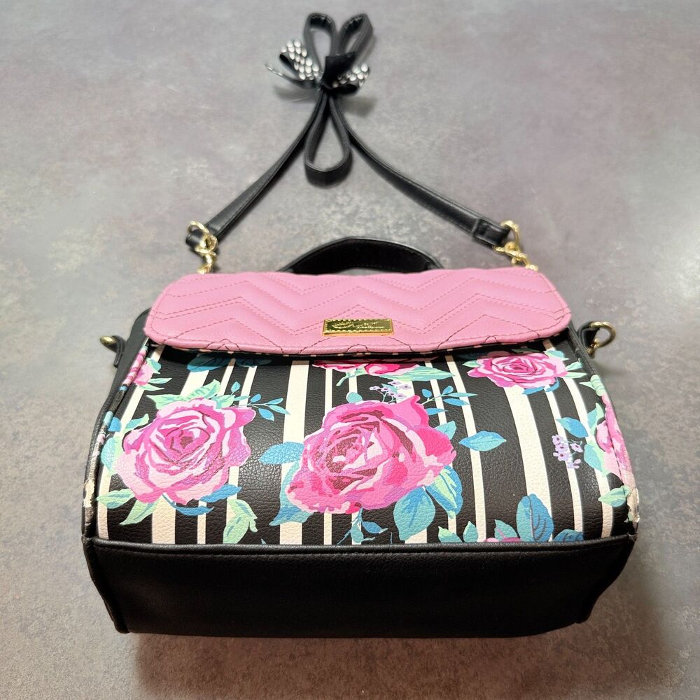 Love Betsey by Betsey Johnson Floral Stripe Crossbody Satchel Pink Chevon Handle - Picture 11 of 12